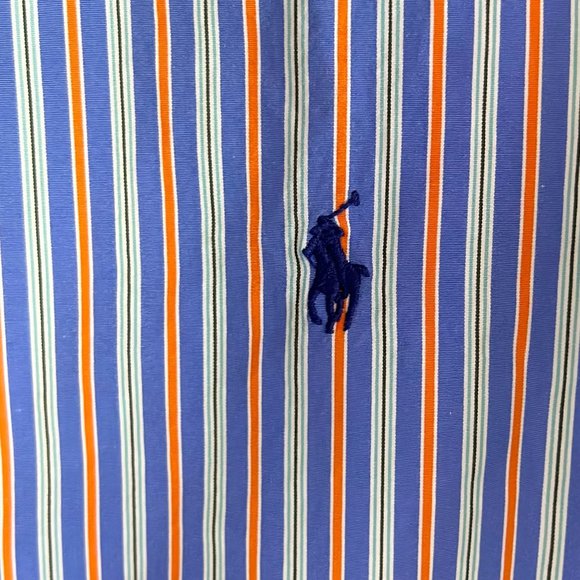 Polo Ralph Lauren Men's Medium Button Up Purple Orange Bar Stripe 120's Poplin - Picture 2 of 12